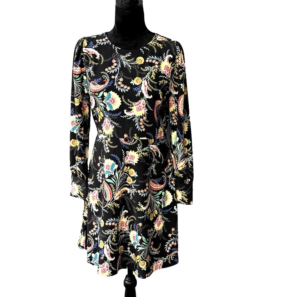 LOFT Black w/Yellow Green‎ Red Floral Print A-Line Above Knee Length Dress Sz 4